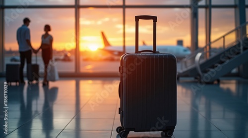 lost black hardshell carry-on roller luggage sits unattended at baggage reclaim area at airport at sunset, its sleek design and sturdy construction catching last rays of day