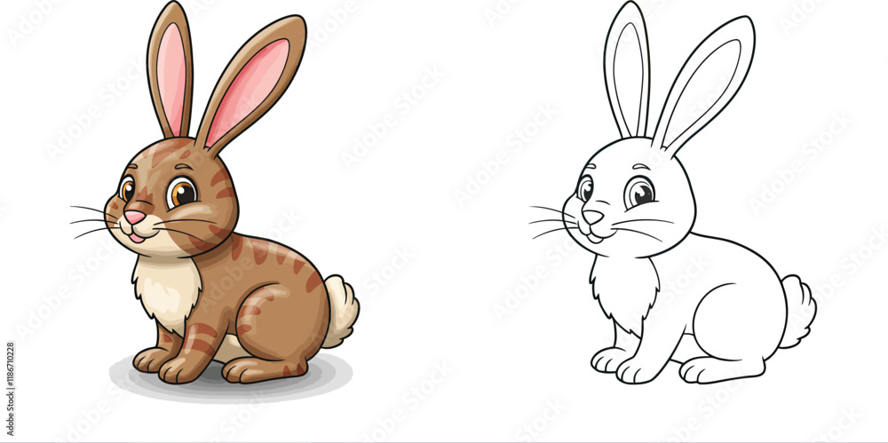 Fototapeta premium Coloring page of Cartoon Rabbit Sitting and Looking at the Right Side.