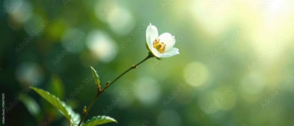 Fototapeta premium A delicate white bloom on a slender stem with soft focus background, white flower, soft focus