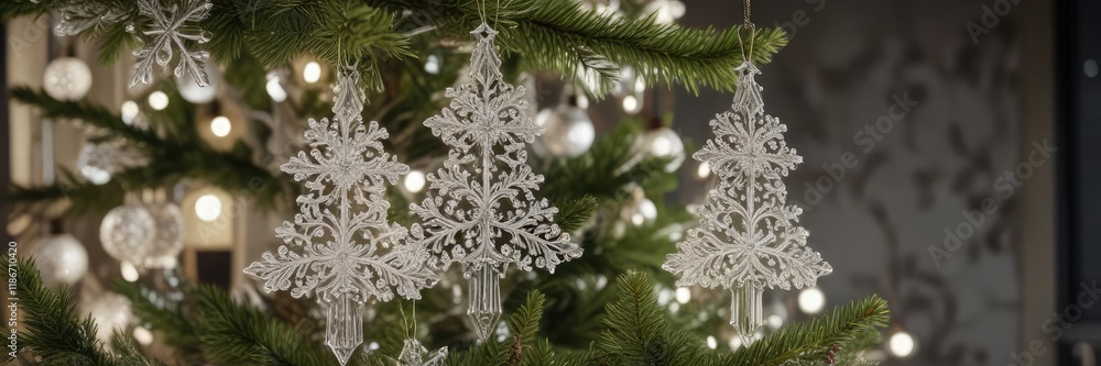 A delicate snowflake-patterned Christmas tree decorated with intricate glass ornaments , frosty atmosphere, winter wonderland, frosty mornings A delicate snowflake-patterned Christmas tree decorated with intricate glass ornaments , frosty atmosphere, winter wonderland, frosty mornings