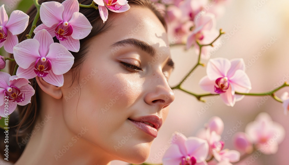 Woman enjoying serenity with orchids in soft sunlight, International Women's Day Woman enjoying serenity with orchids in soft sunlight, International Women's Day