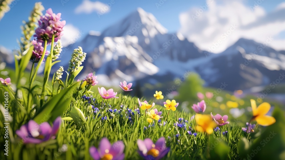 Obraz premium Vibrant Spring Meadow Blossoms Against Majestic Mountain Peaks