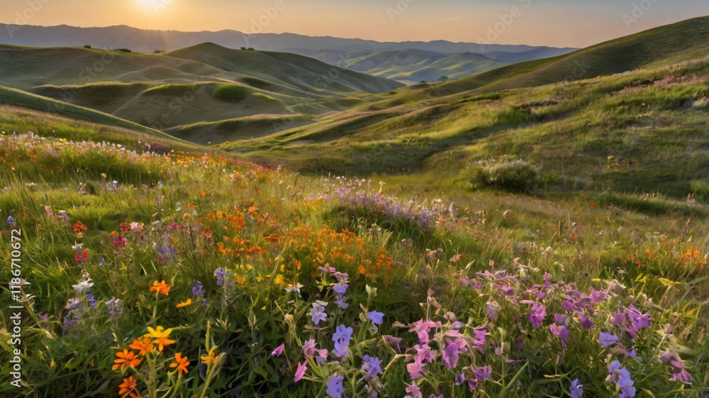 Fototapeta premium a vivid scene of rolling hills blanketed in colorful wildflowers, ai