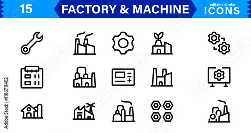 Factory & Machine Icon Set. Creative, Minimalist Designs for Manufacturing Plants, Machinery, Tools, Industry, and Engineering Projects