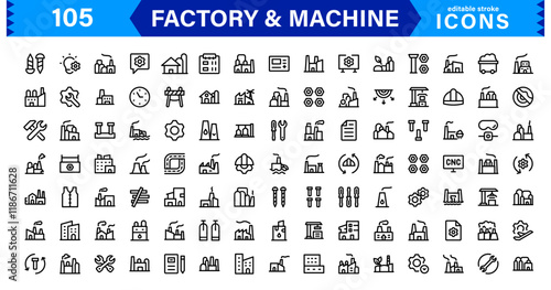 Factory & Machine Icon Set. Creative, Minimalist Designs for Manufacturing Plants, Machinery, Tools, Industry, and Engineering Projects