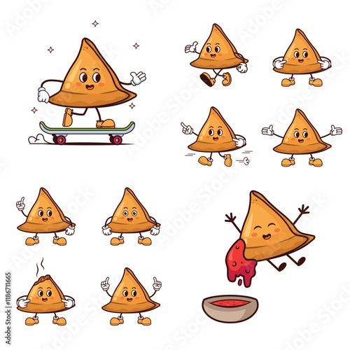 Samosa retro cartoon set vector illustration