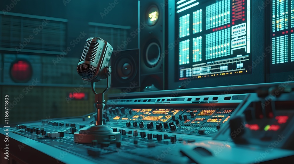 Fototapeta premium Retro Microphone in Professional Recording Studio Setup