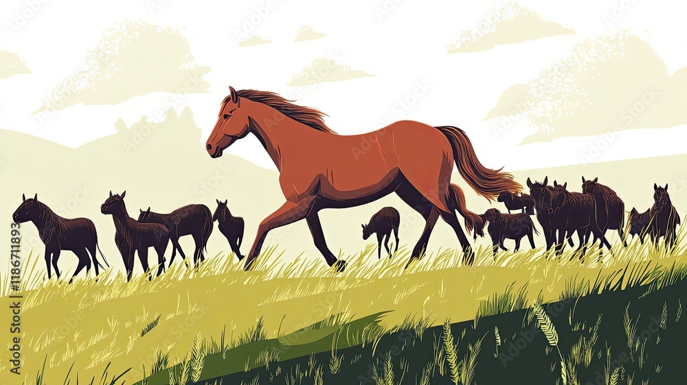 Chestnut Horse Leads Herd Across Grassy Hill Chestnut Horse Leads Herd Across Grassy Hill