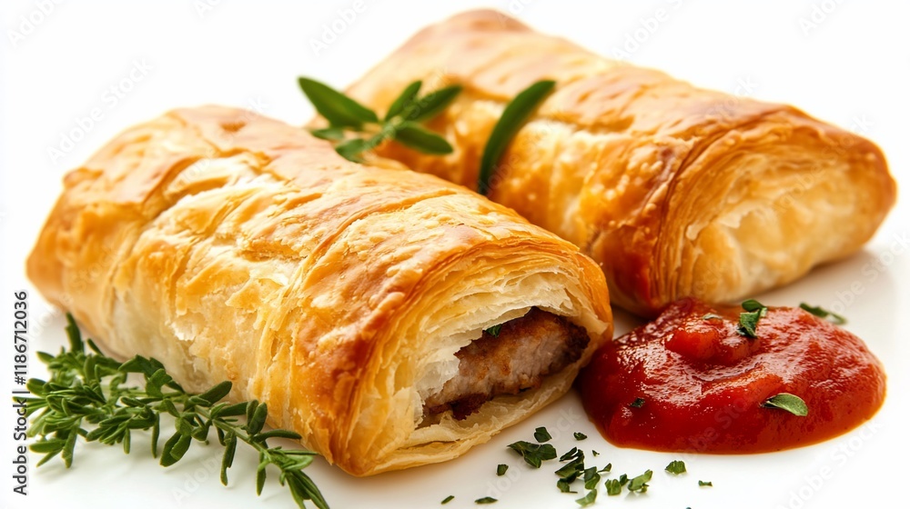 Two golden-brown sausage rolls with tomato sauce and herbs. Two golden-brown sausage rolls with tomato sauce and herbs.