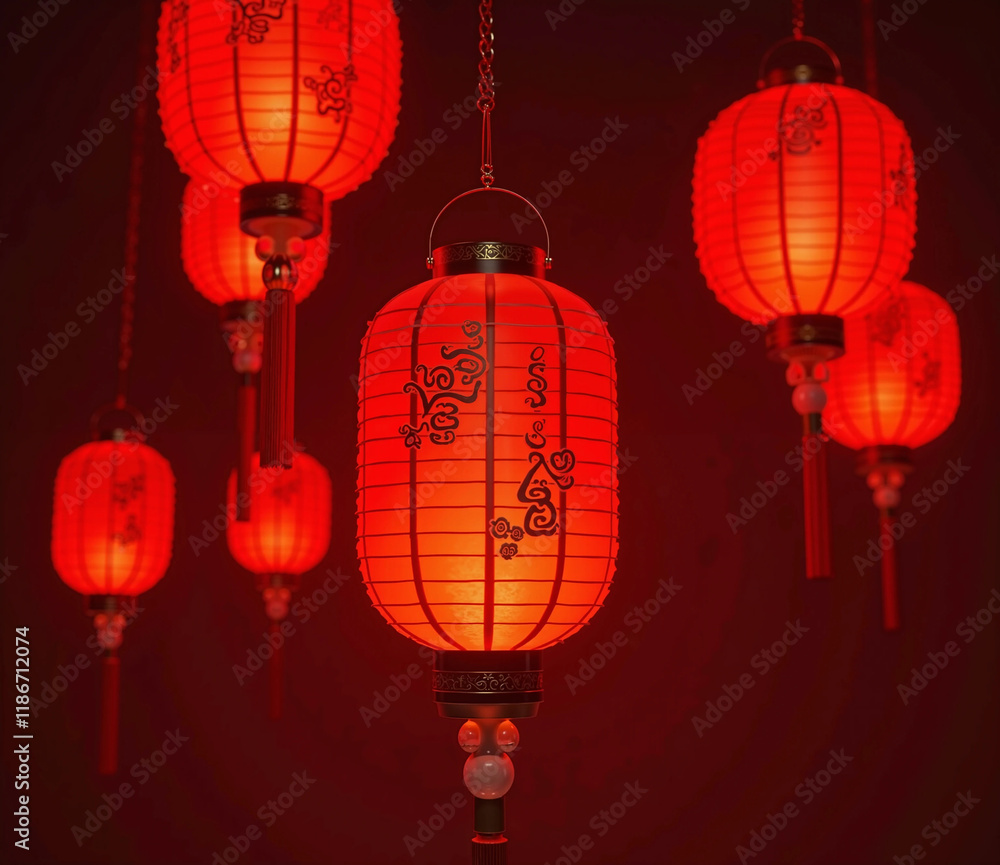 Obraz premium Chinese New Year lanterns, often red and gold, symbolize good luck and prosperity. Popular images include vibrant dragon designs, glowing paper lanterns, and spectacular lantern festivals.