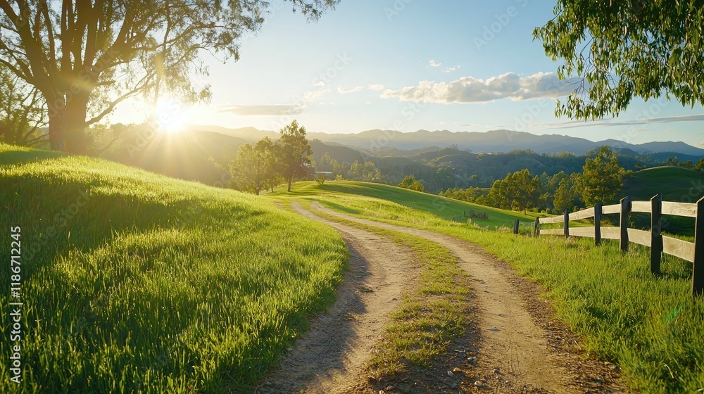 Obraz premium Serene Sunset Countryside Path Winding Road Scenic View Green Grass Rolling Hills