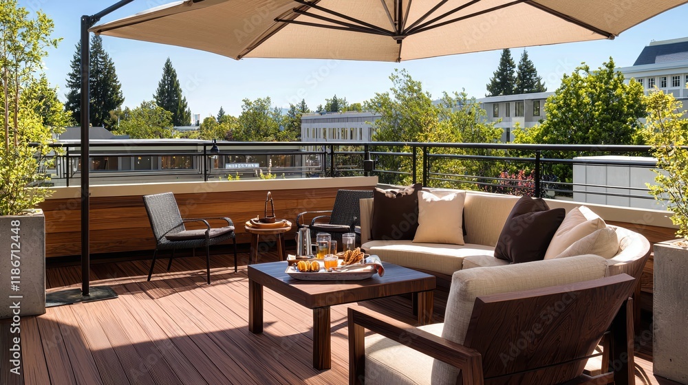Obraz premium Modern Rooftop Terrace Design with Comfortable Seating and City Views