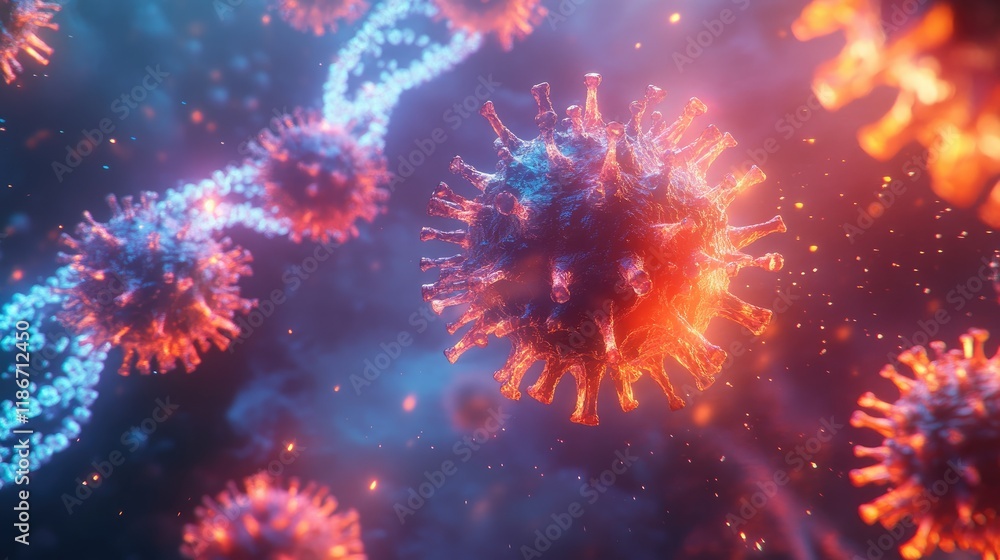 Obraz premium Luminous virus cells forming a DNA strand, [genetic impact, futuristic design], a scientific yet artistic illustration for diverse uses 
