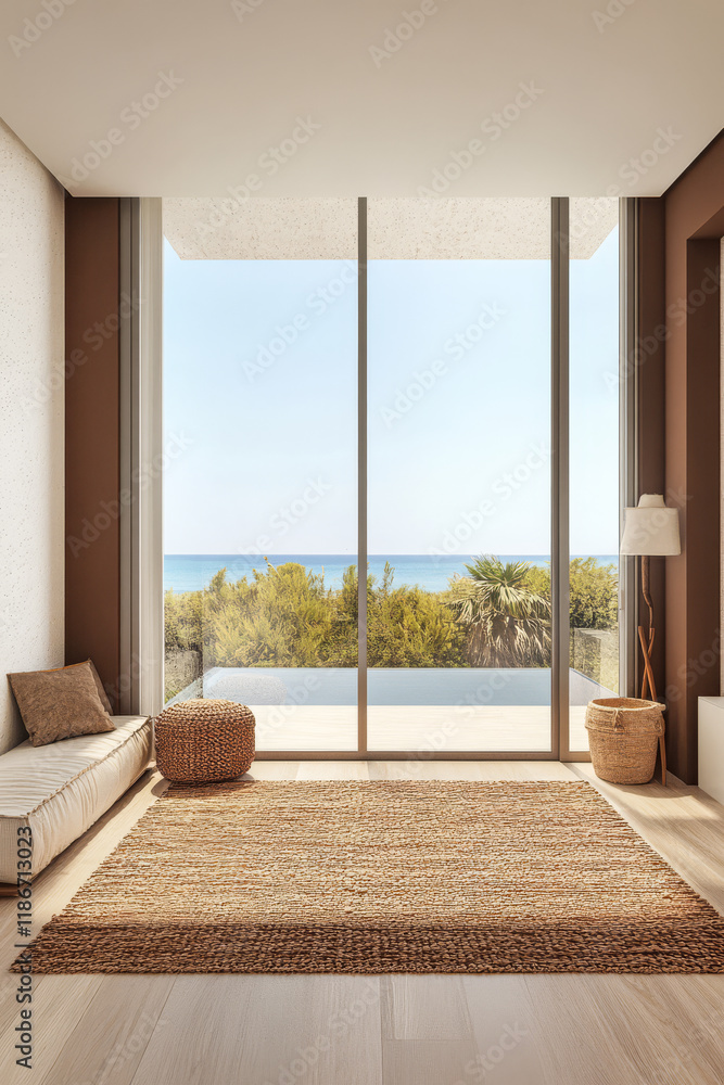 Fototapeta premium Bright modern interior with ocean view and natural light in a serene setting