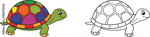 A cartoon turtle with a colorful shell and an outlined turtle for coloring in. The design is perfect for children's books, websites, or educational materials