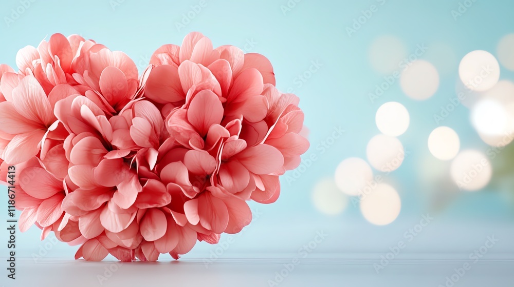 Obraz premium A heart-shaped arrangement of pink flowers against a soft blue background, perfect for romantic themes.