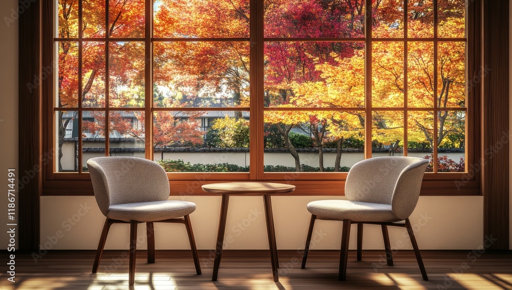 Obraz premium Japanese-style room with open wooden-framed windows, view of colorful autumn maple trees, sunlight on round wooden tables, warm atmosphere.