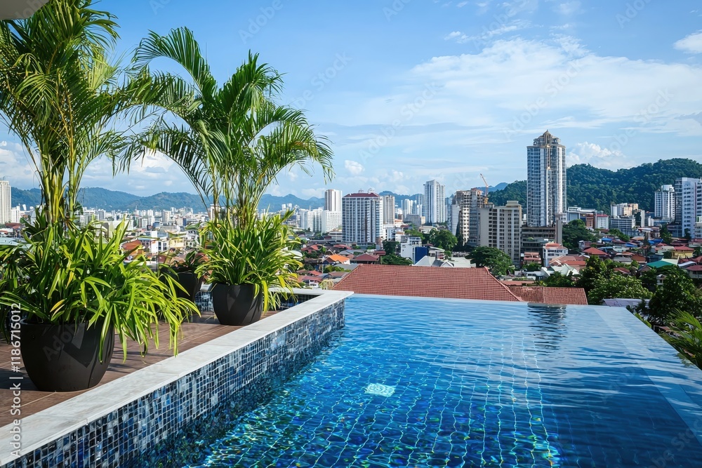 Fototapeta premium Rooftop Infinity Pool Luxury Cityscape Tropical Paradise