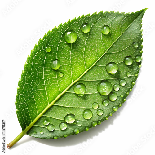 A single green leaf with dew drops, positioned on a smooth surface