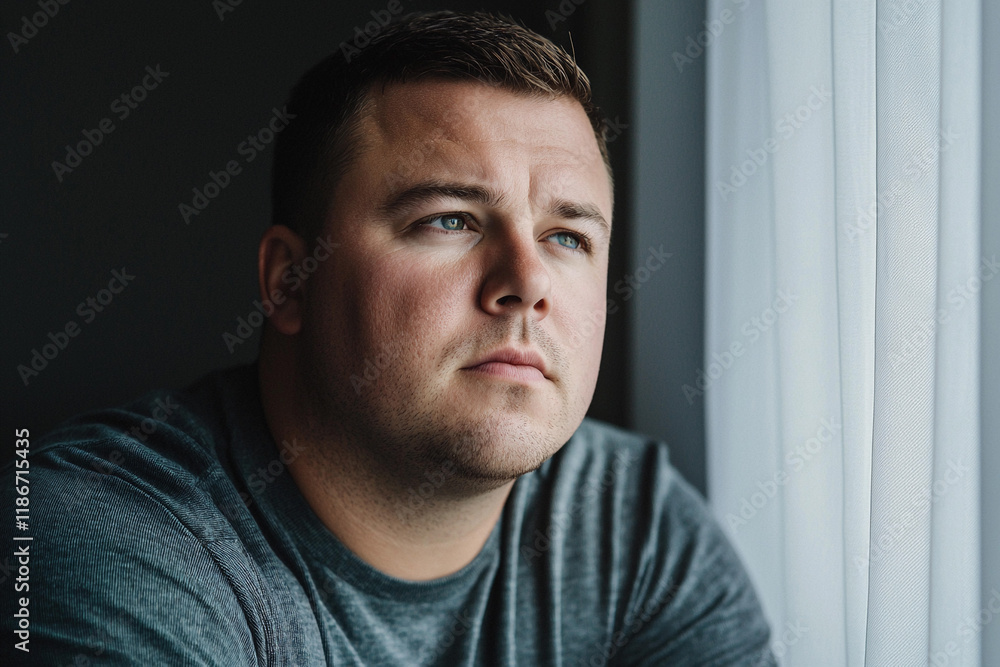 Fototapeta premium Handsome man gazes thoughtfully out the window
