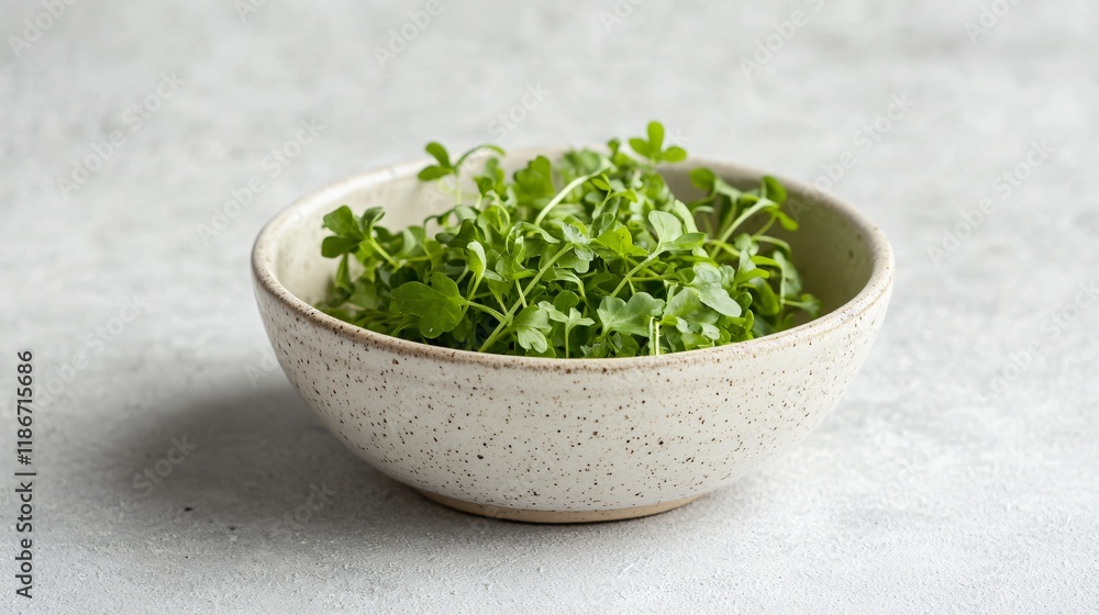Fresh garden cress in a small ceramic bowl, isolated on a light gray backdrop Fresh garden cress in a small ceramic bowl, isolated on a light gray backdrop