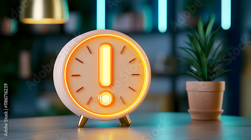 Obraz na płótnie modern 3D clock with exclamation mark design, featuring bright orange illumination, placed on wooden table next to potted plant. background has stylish, contemporary decor w salonie