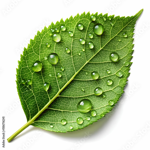 A single green leaf with dew drops, positioned on a smooth surface