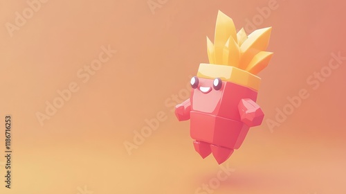 Cute, cartoonish, 3D rendered, stylized character, floating in the air, with a fiery, orange crown. photo