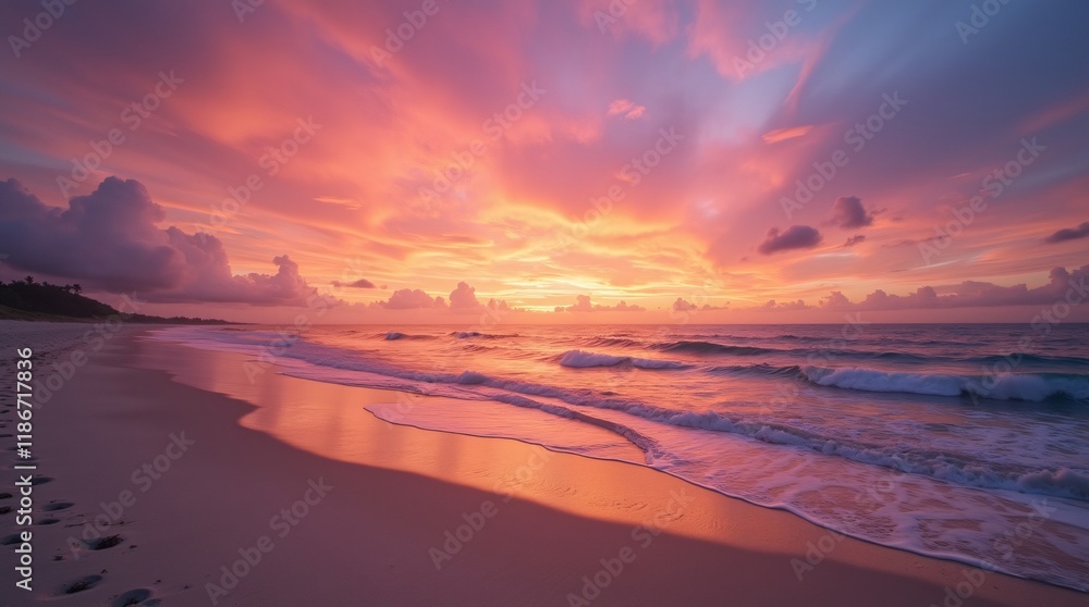 Fototapeta premium With a wide-angle view of tranquil beach horizon, vibrant colors of sunset paint sky in a breathtaking display of oranges, pinks, and purples