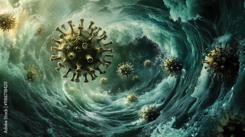 Swirling vortex of virus particles in a storm, [chaos, health crisis], dramatic representation of the pandemicâ€™s impact photo