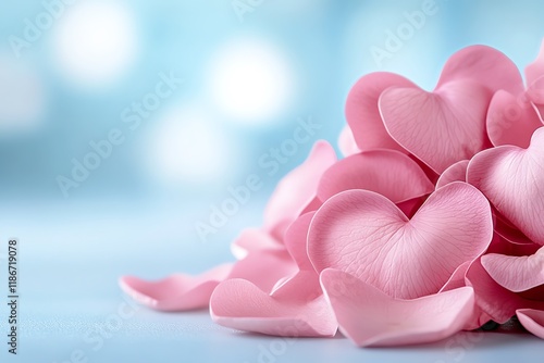 Delicate heart-shaped pink petals scattered on a soft blue background, perfect for romantic and love-themed projects.
