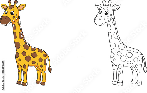 Cute Giraffe Illustration: Color and Outline Versions for children.