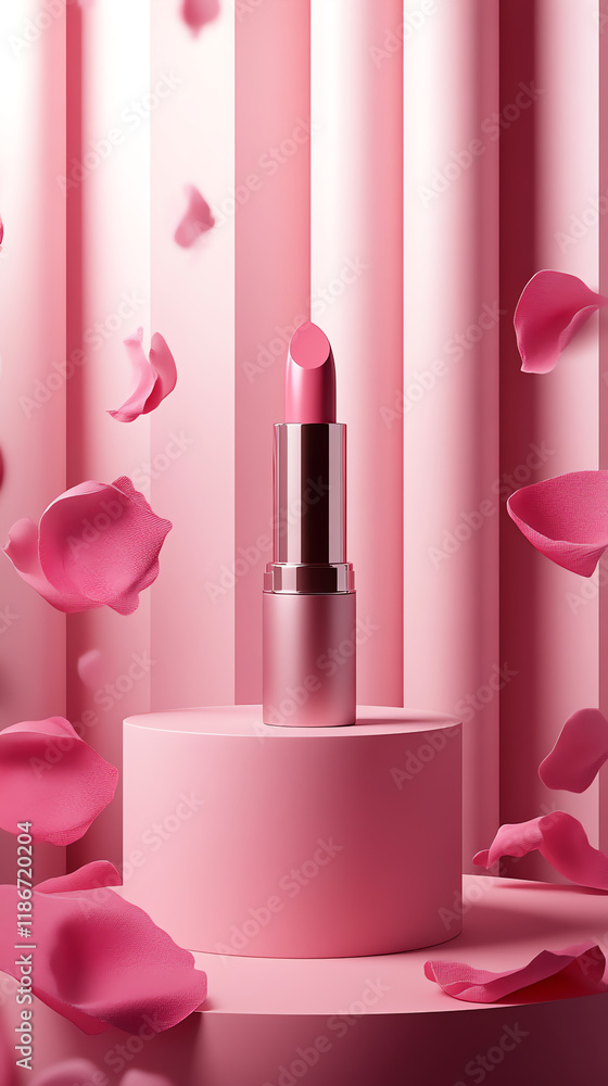 Pink Lipstick with Rose Petals on Monochromatic Pink Background Pink Lipstick with Rose Petals on Monochromatic Pink Background
