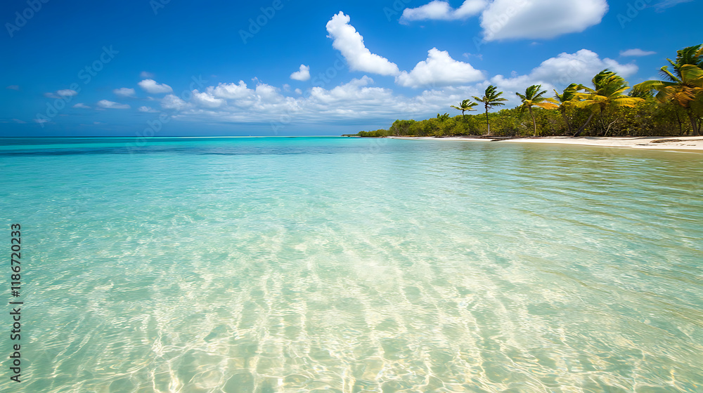 A peaceful lagoon with crystal-clear water, surrounded by lush greenery and calm reflections on a sunny day A peaceful lagoon with crystal-clear water, surrounded by lush greenery and calm reflections on a sunny day