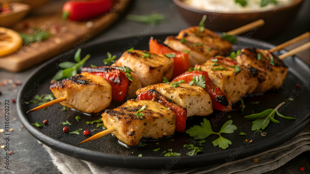 Chicken Skewers with Red Bell Peppers and Herb Garnish Chicken Skewers with Red Bell Peppers and Herb Garnish