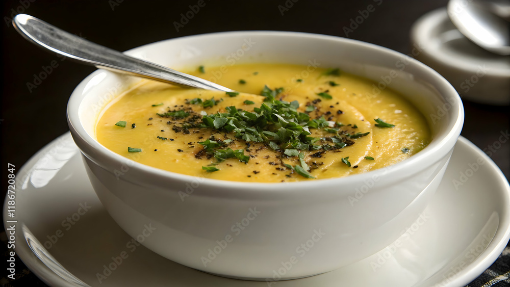 Creamy Yellow Soup with Fresh Herb Garnish Creamy Yellow Soup with Fresh Herb Garnish