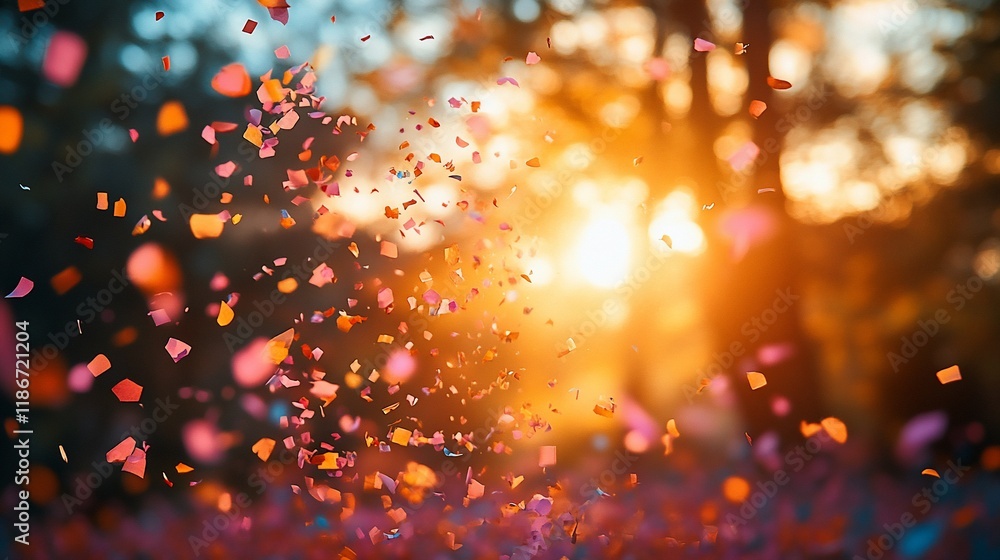 Colorful Confetti Falling Against Sunset Background Colorful Confetti Falling Against Sunset Background