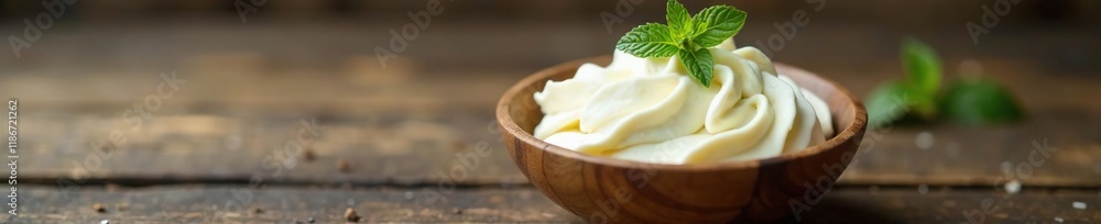 Wooden bowl filled with soft and smooth cream cheese topped with a sprig of fresh mint and placed on a worn wooden counter, vintage decor, worn wood, spread Wooden bowl filled with soft and smooth cream cheese topped with a sprig of fresh mint and placed on a worn wooden counter, vintage decor, worn wood, spread