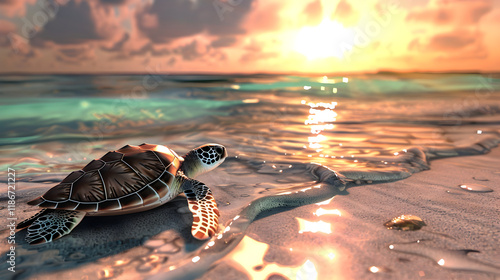 Turttle walking gracefully on the beach on sunset background.