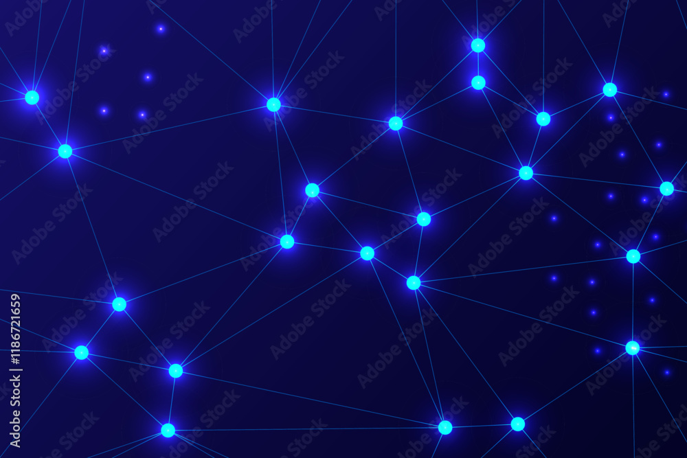 Abstract Digital Network with Glowing Nodes and Lines on a Night Technology Background Abstract Digital Network with Glowing Nodes and Lines on a Night Technology Background