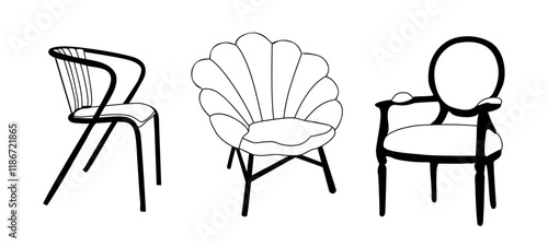 Set of patio, outdoor, garden, terrace chairs, armchairs. Interior design elements. Vector hand drawn outline sketch illustrations isolated on transparent background