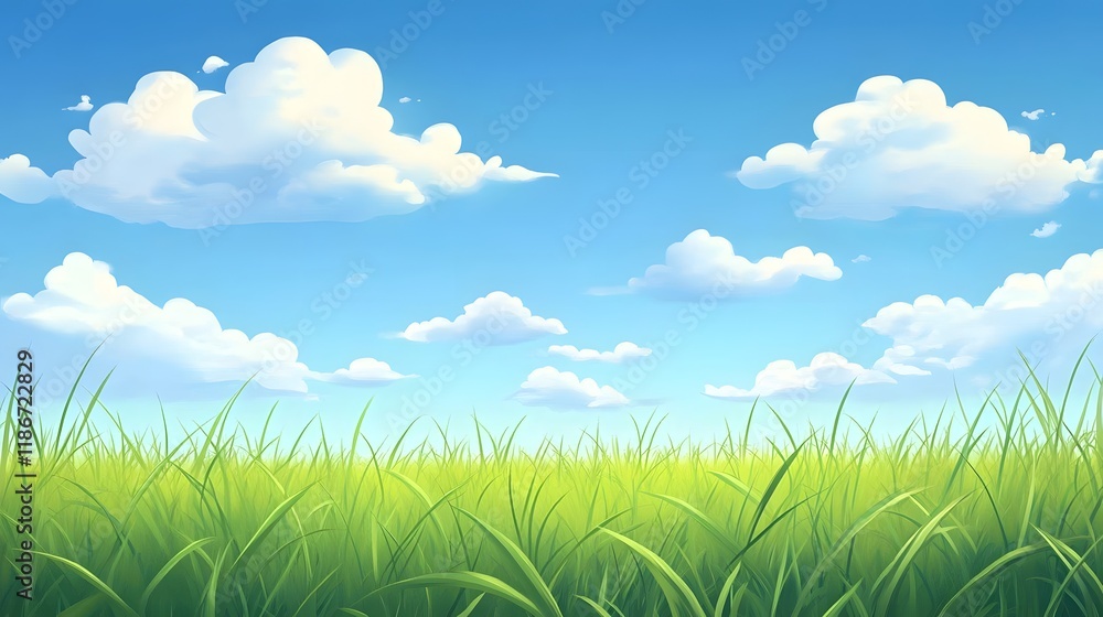 Lush Green Grass Under a Bright Blue Sky With Fluffy Clouds Lush Green Grass Under a Bright Blue Sky With Fluffy Clouds