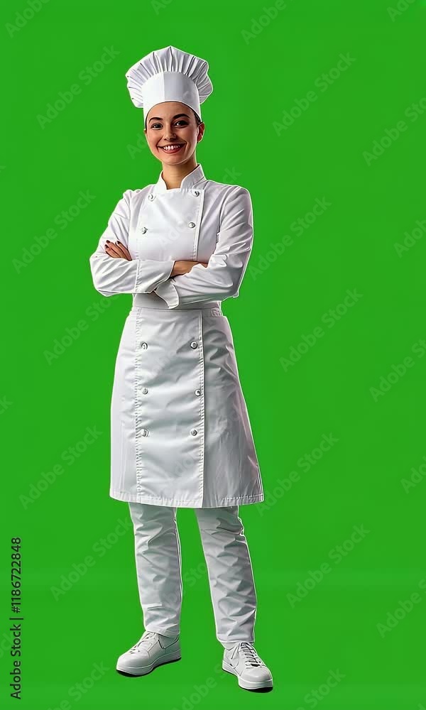 Confident female chef, arms crossed, green background, food industry Confident female chef, arms crossed, green background, food industry