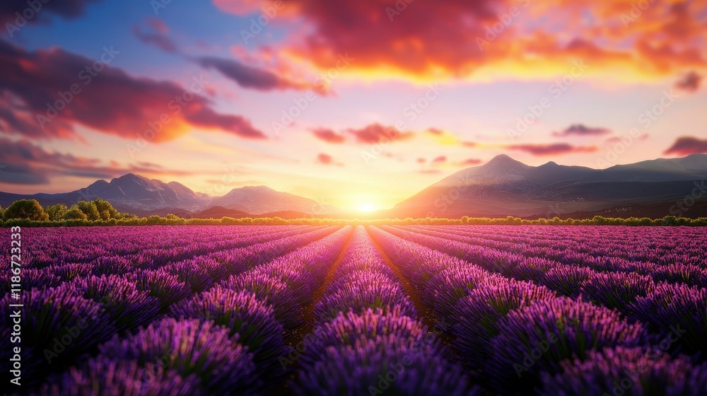 Fototapeta premium Lavender Field Sunset Majestic Mountains Scenic View Peaceful Nature