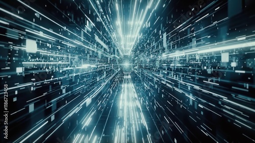 Futuristic digital tunnel with glowing lines and particles creating sense of speed and motion. vibrant blue and white colors enhance dynamic atmosphere