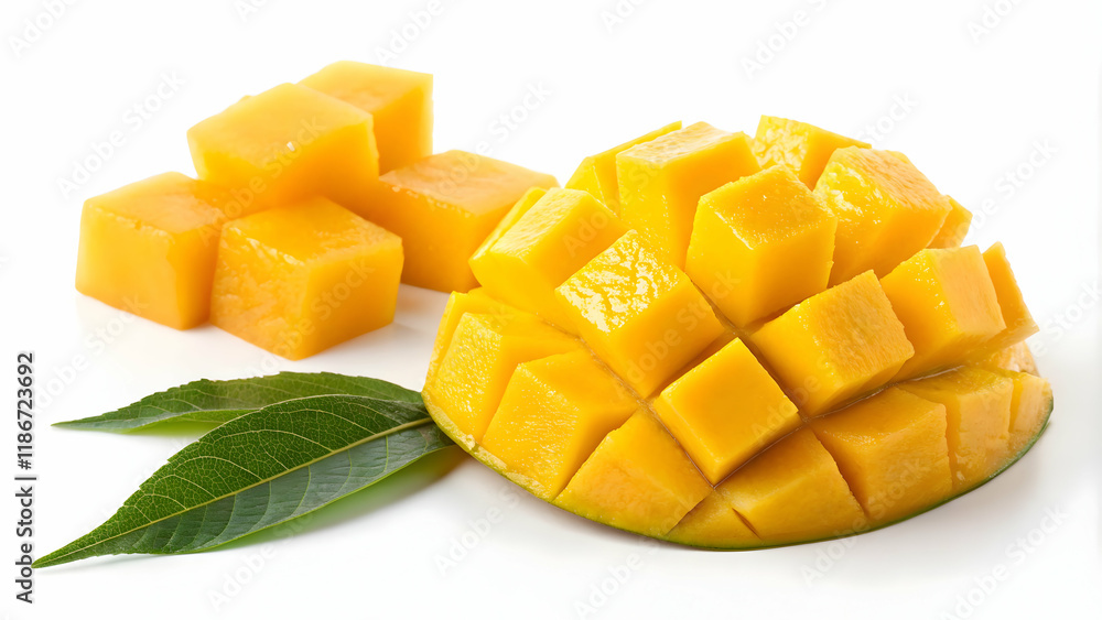 Fresh Mango with Cubes and Green Leaves Fresh Mango with Cubes and Green Leaves