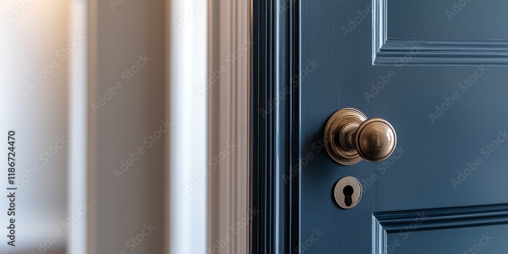 Fototapeta premium Door featuring a secure lock and keyhole, emphasizing the importance of privacy. A view of an open toilet door captured with a shallow depth of field for added focus on the door s details.