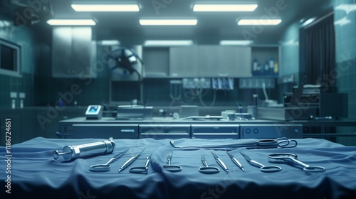A set of surgical instruments arranged meticulously on a sterile blue cloth in an empty operating room.