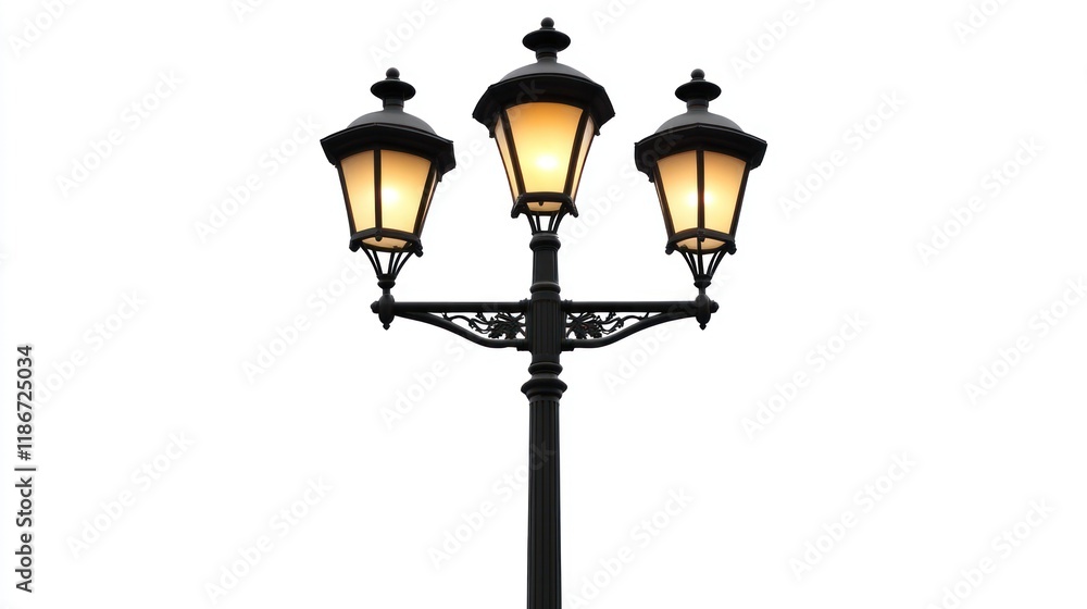 Triple-lamp streetlight glowing, isolated, white background, design element