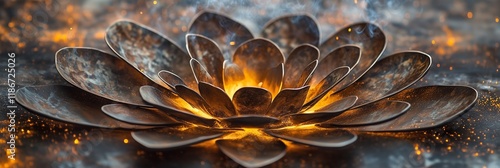 A close up of a welding seam forming an intricate floral design, glowing with fiery highlights on a dark industrial background photo